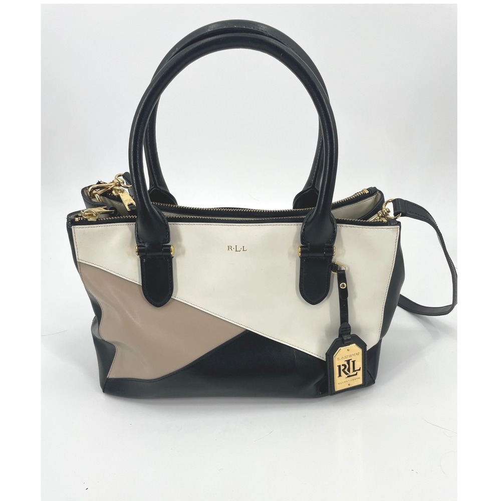 Lauren Ralph Lauren Satchel Medium Black Cream Leather Colorblock Crossbody